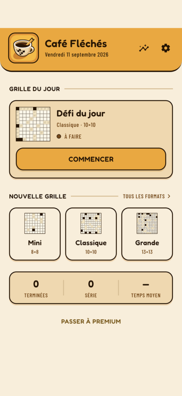 Écran d'accueil de Café Fléchés : défi du jour et choix du format